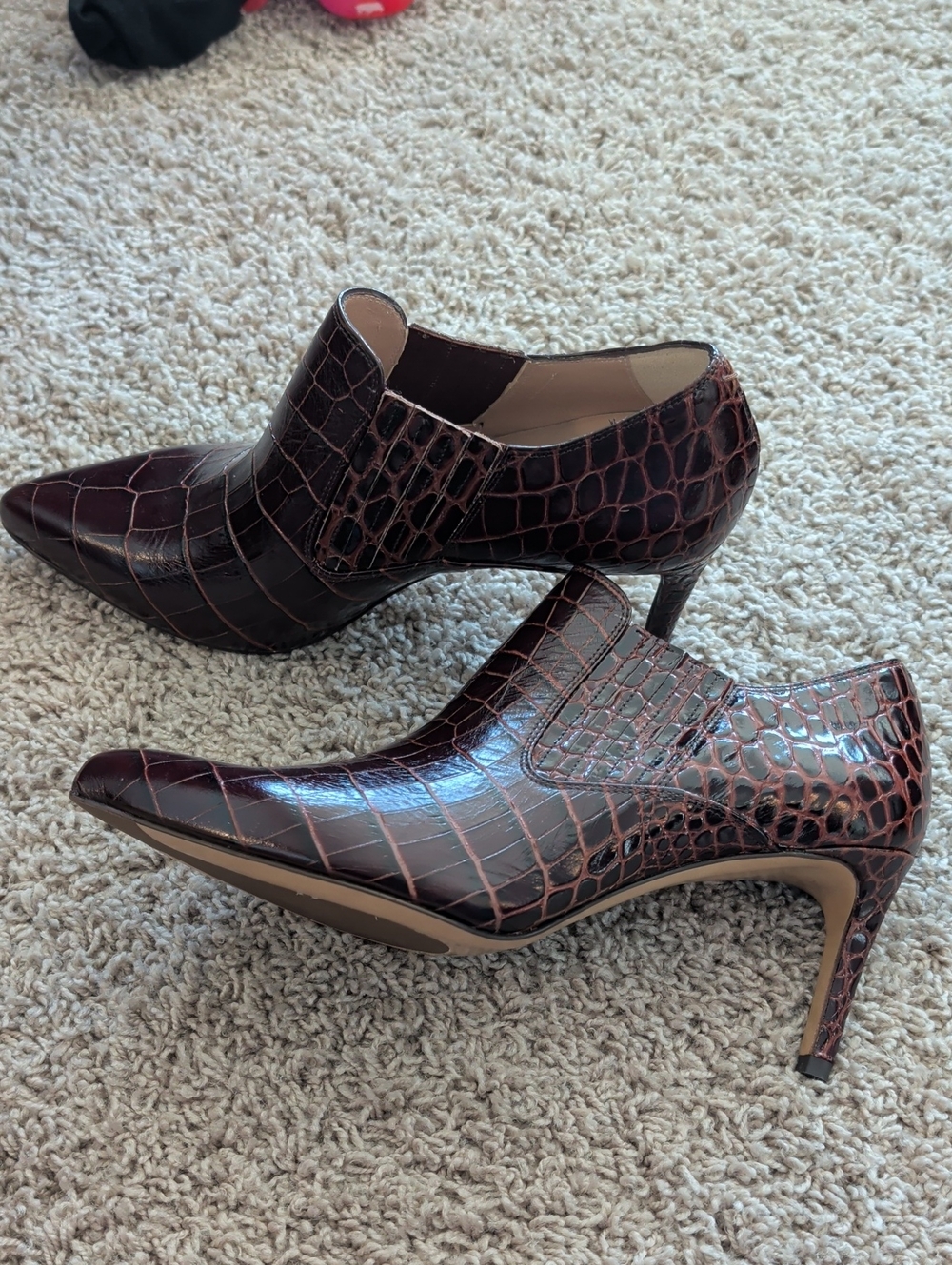 Croc-Embossed Pointed Ankle Booties in Dark Brown